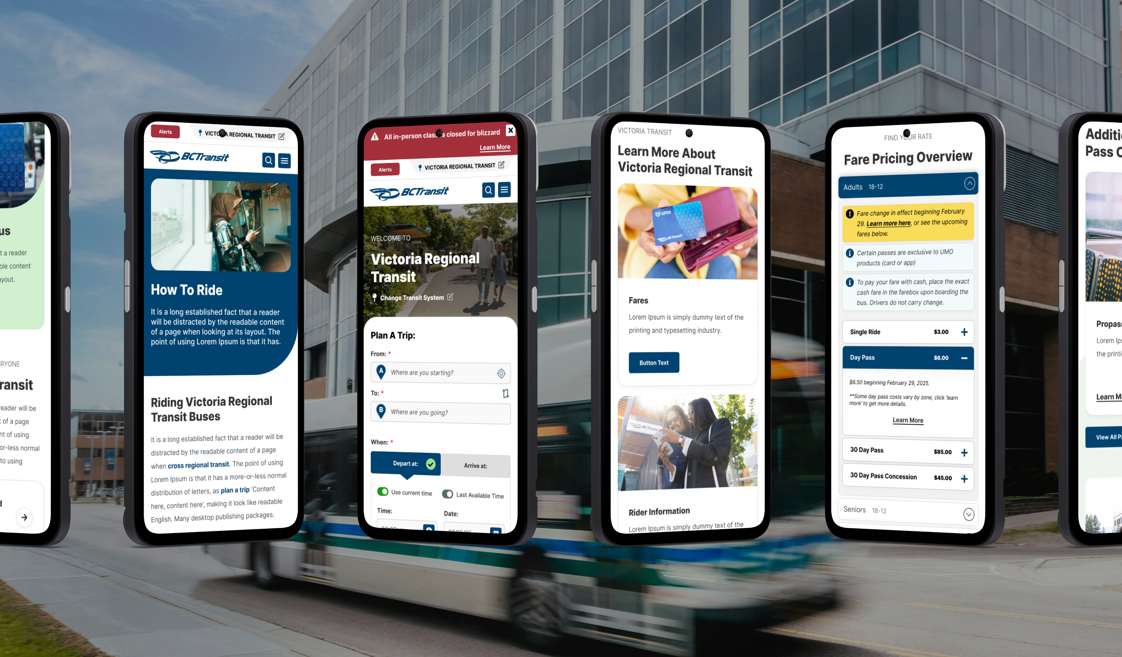 BC Transit trip planner shown on angled iPhones
