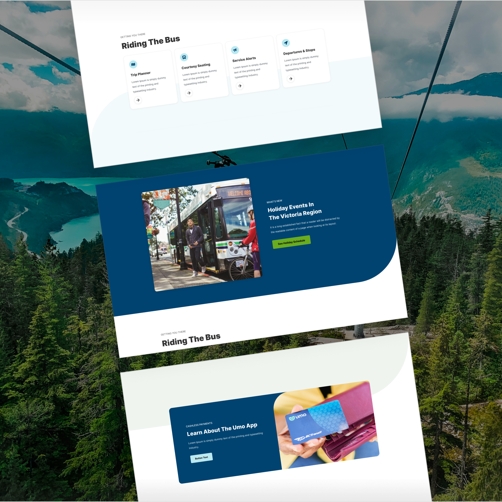 BC Transit website pages shown at an angle with the curve motif