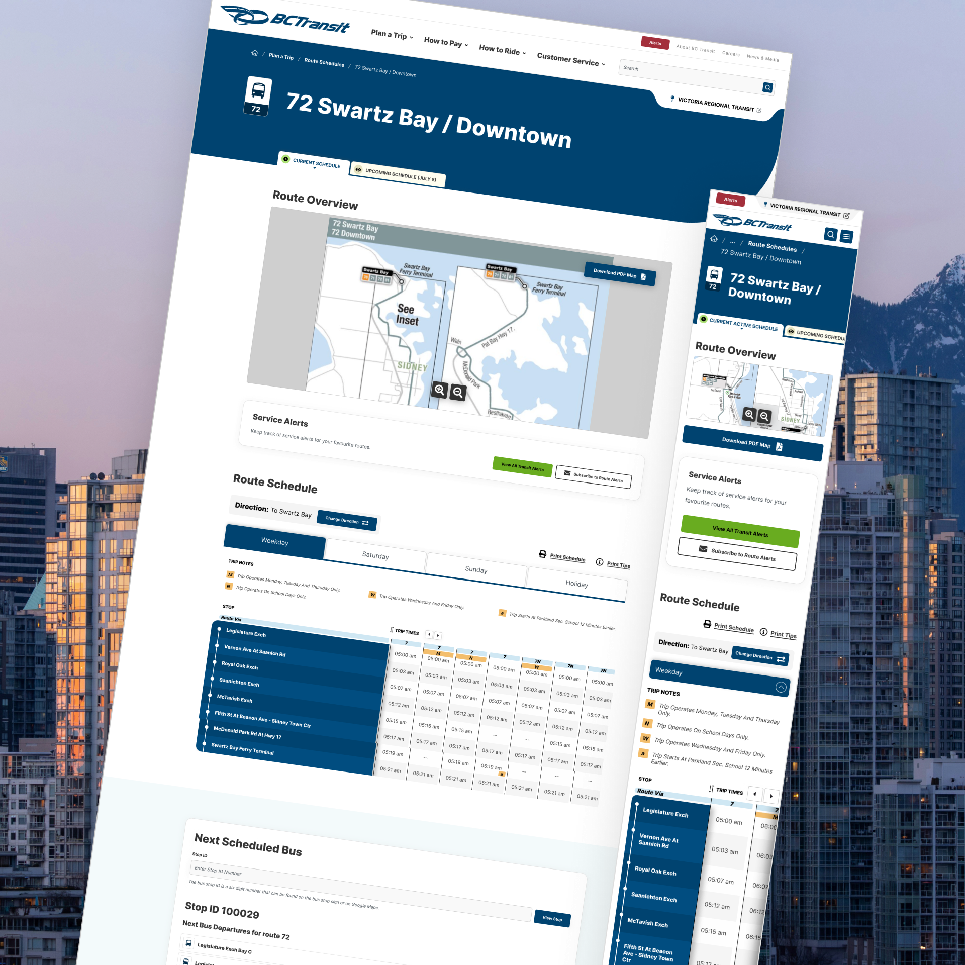 BC Transit schedule type filtering shown at an angle