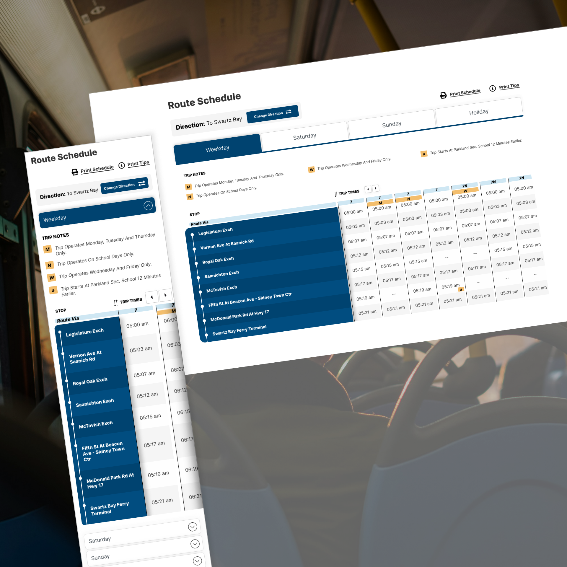 BC Transit scrollable timetable shown at an angle