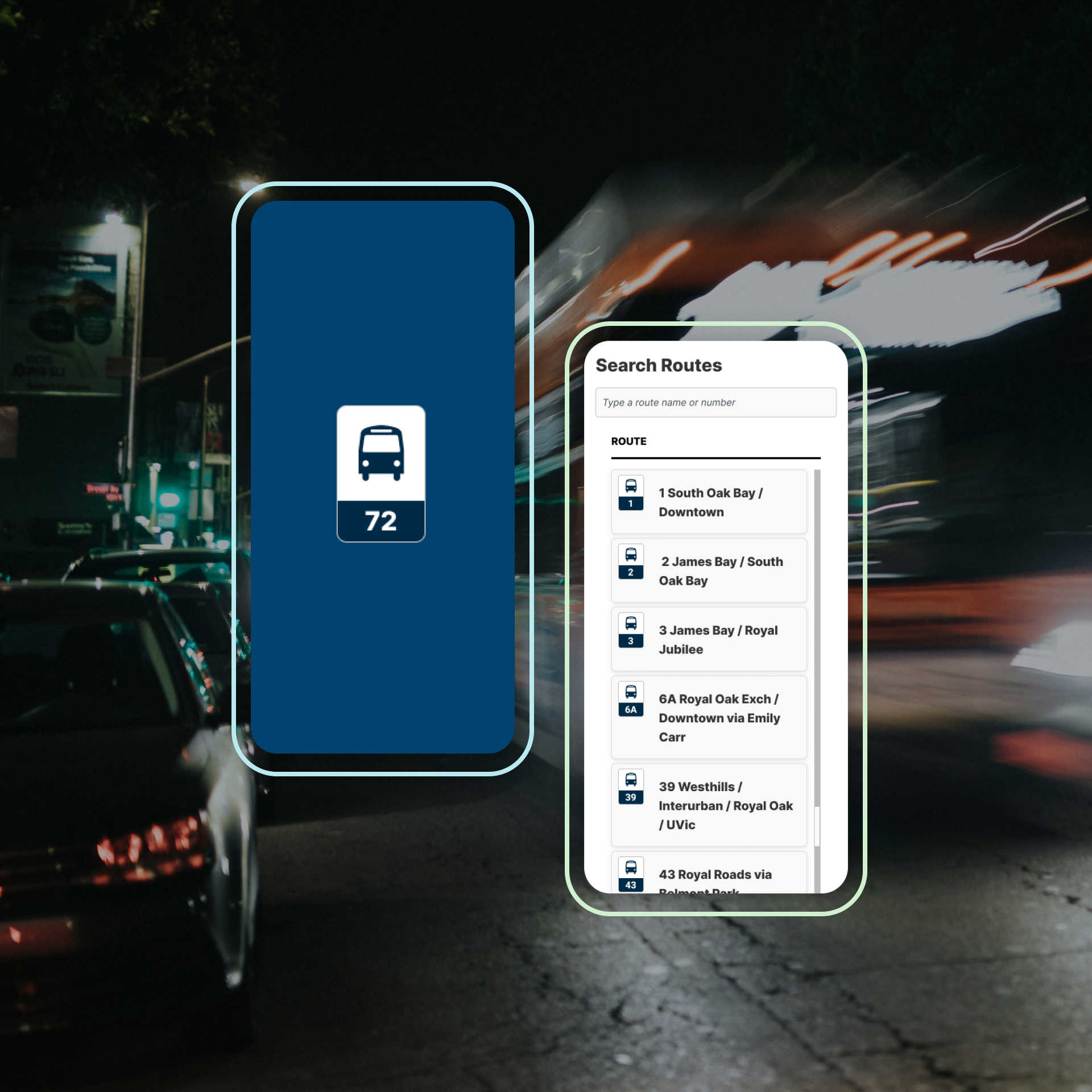 BC Transit route token system shown on two bordered phone mockups