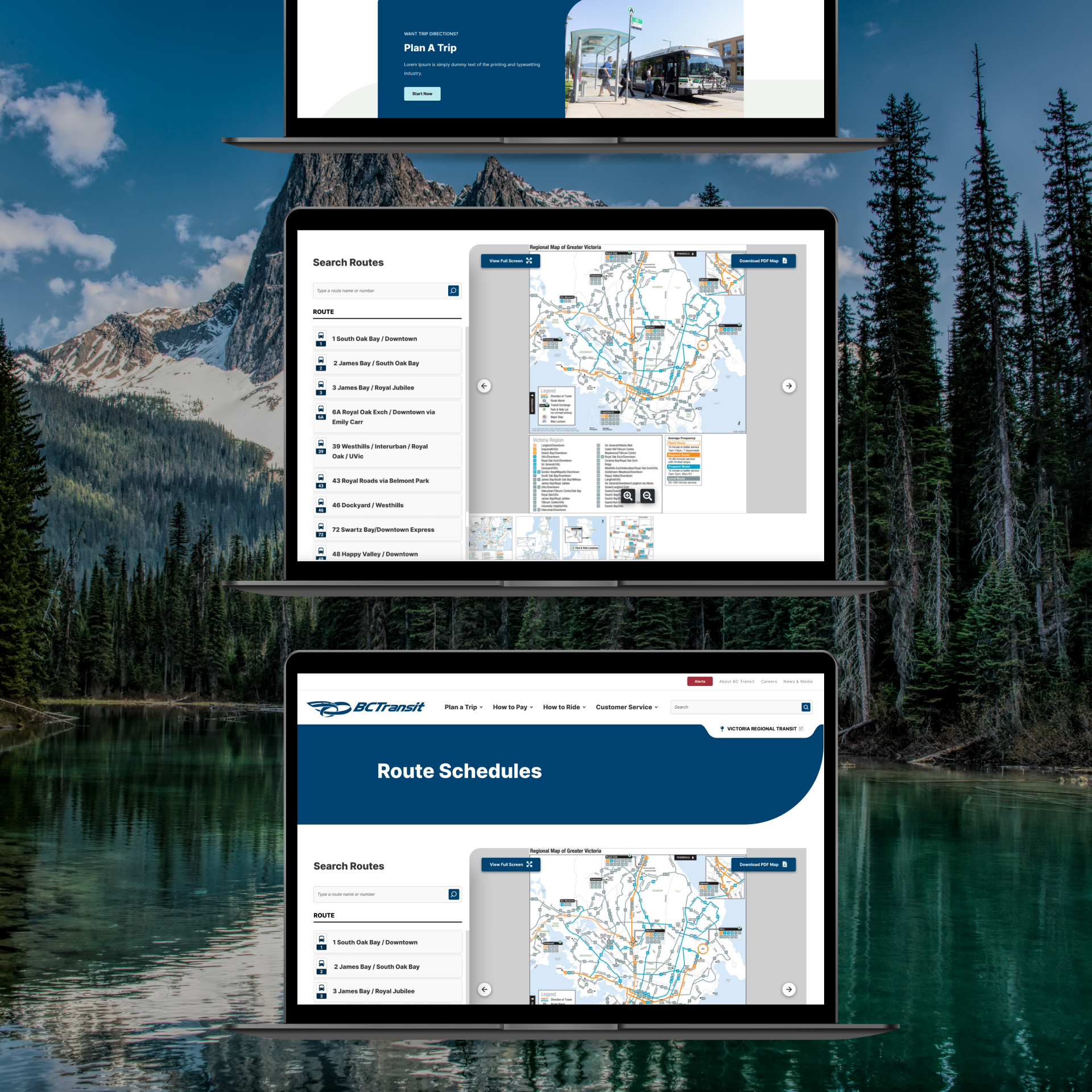 BC Transit route detail page shown on three vertical laptops
