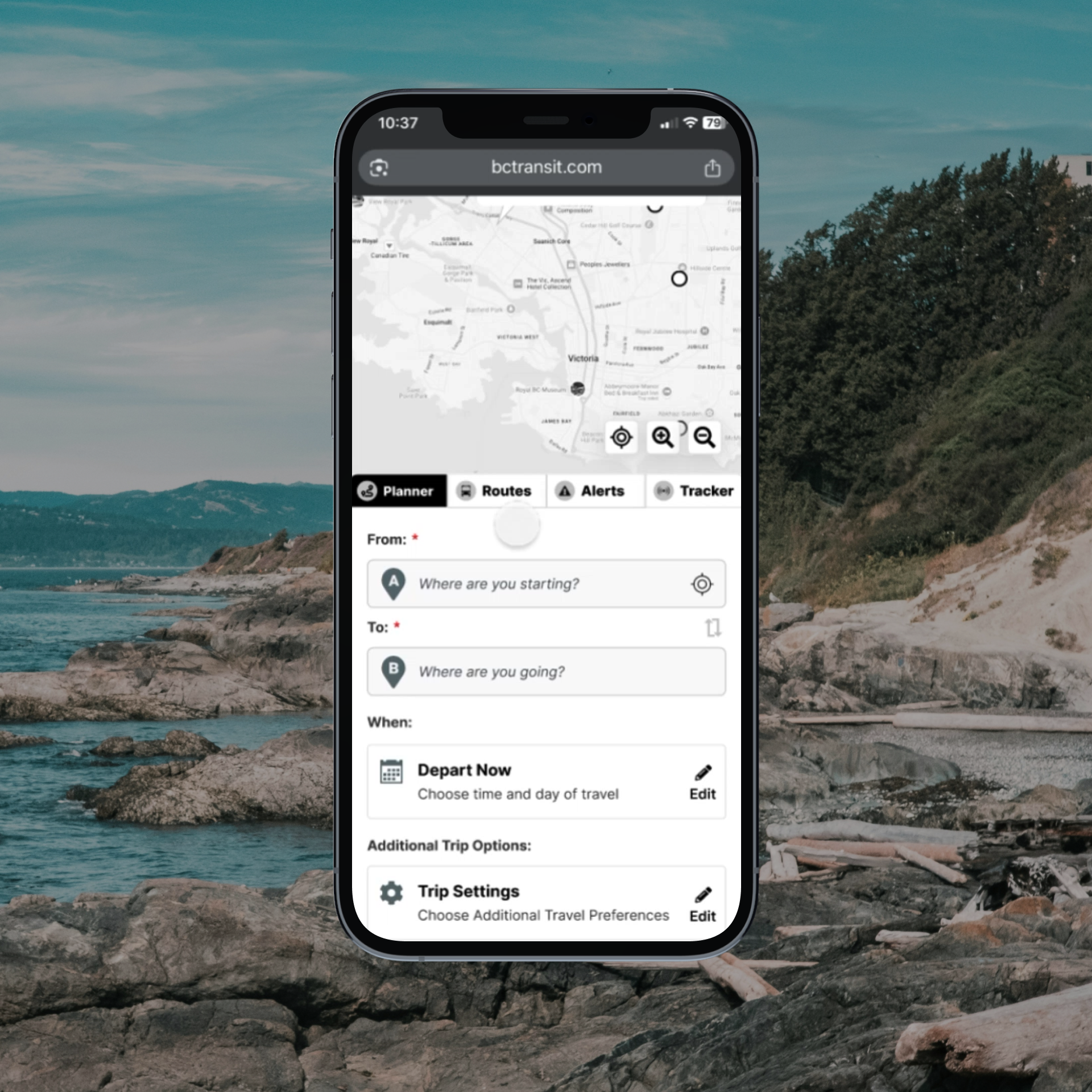 BC Transit trip planner prototype shown in a phone mockup