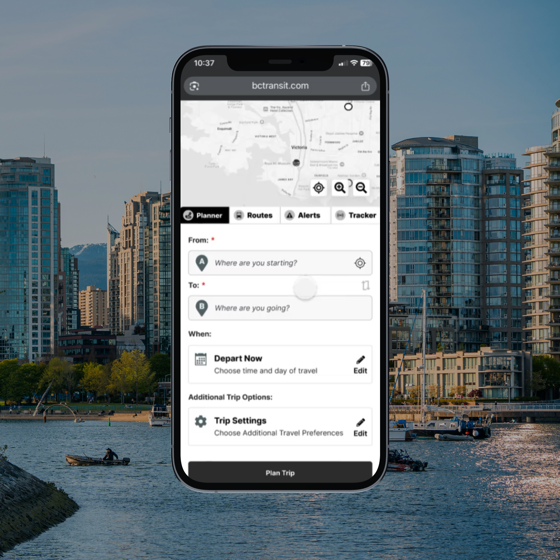 BC Transit trip planner prototype shown in a phone mockup