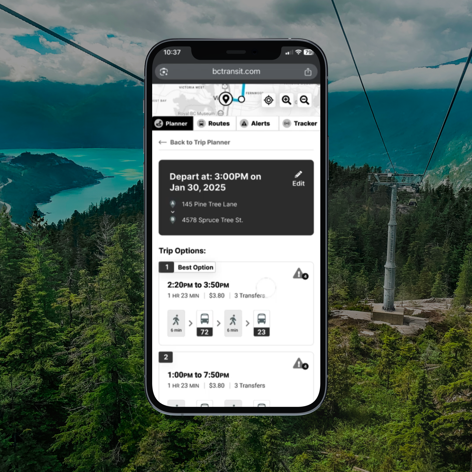 BC Transit trip planner prototype shown in a phone mockup
