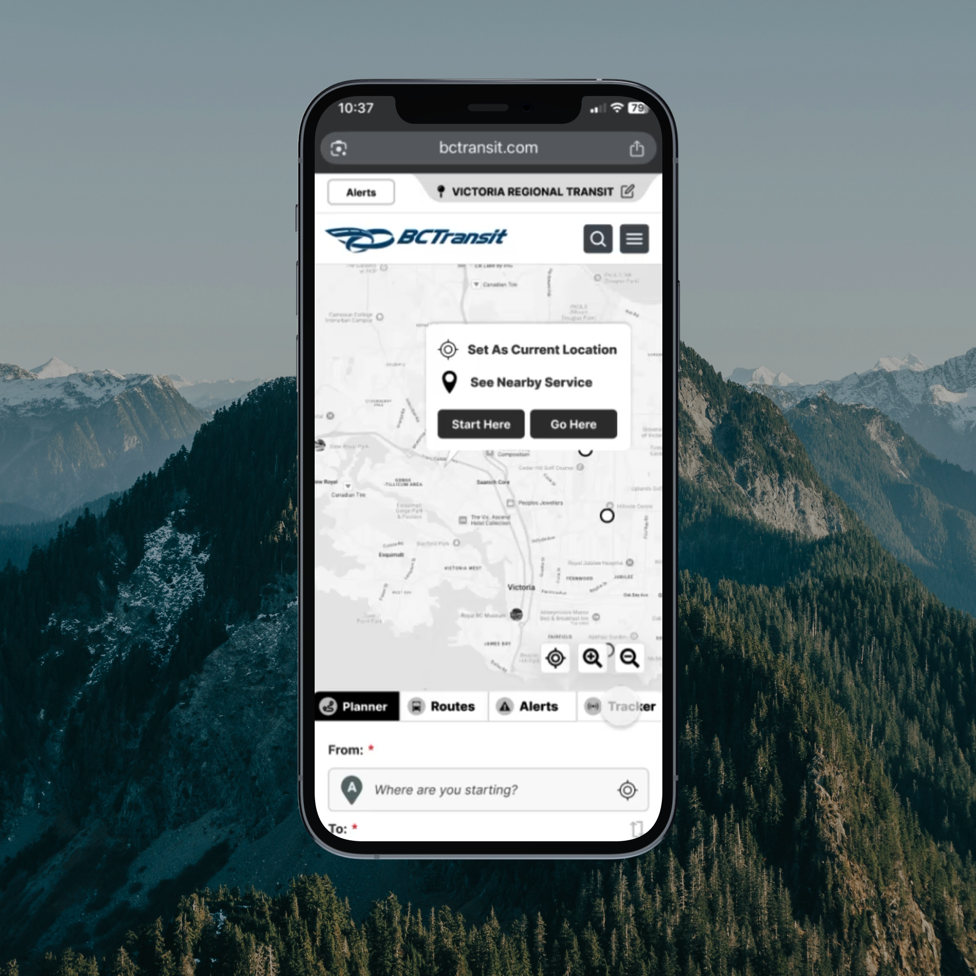 BC Transit trip planner prototype shown in a phone mockup