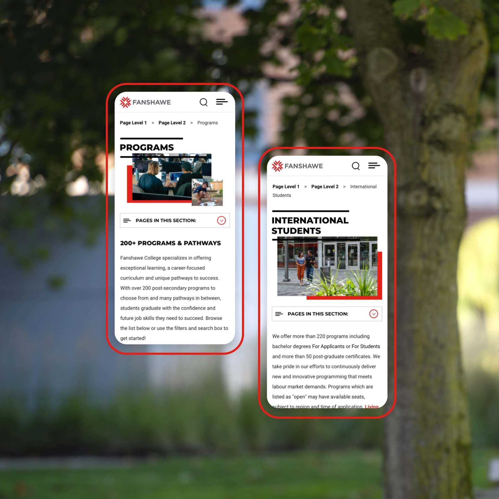 Fanshawe College website shown in two bordered phone mockups