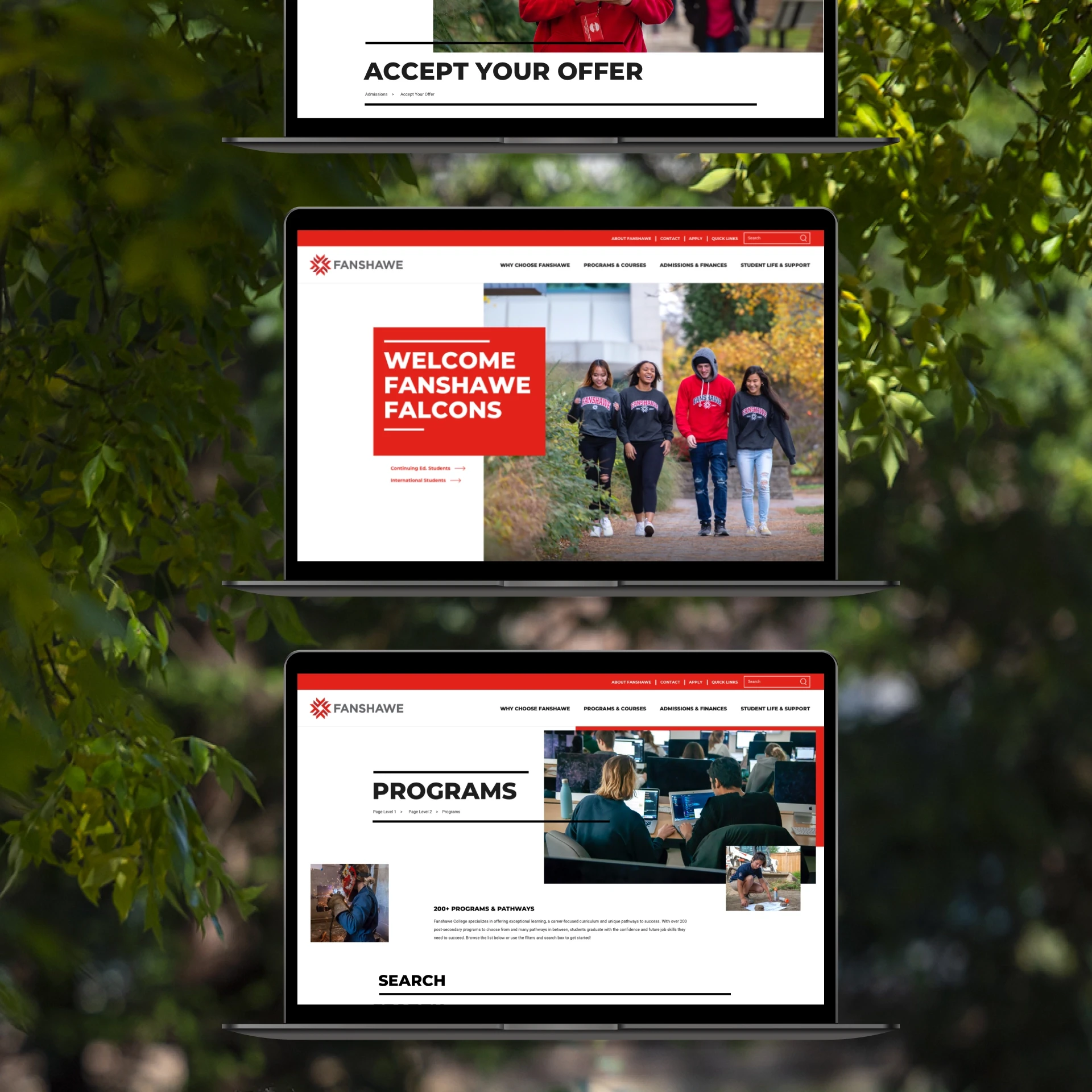 Fanshawe College website shown on three vertical laptops
