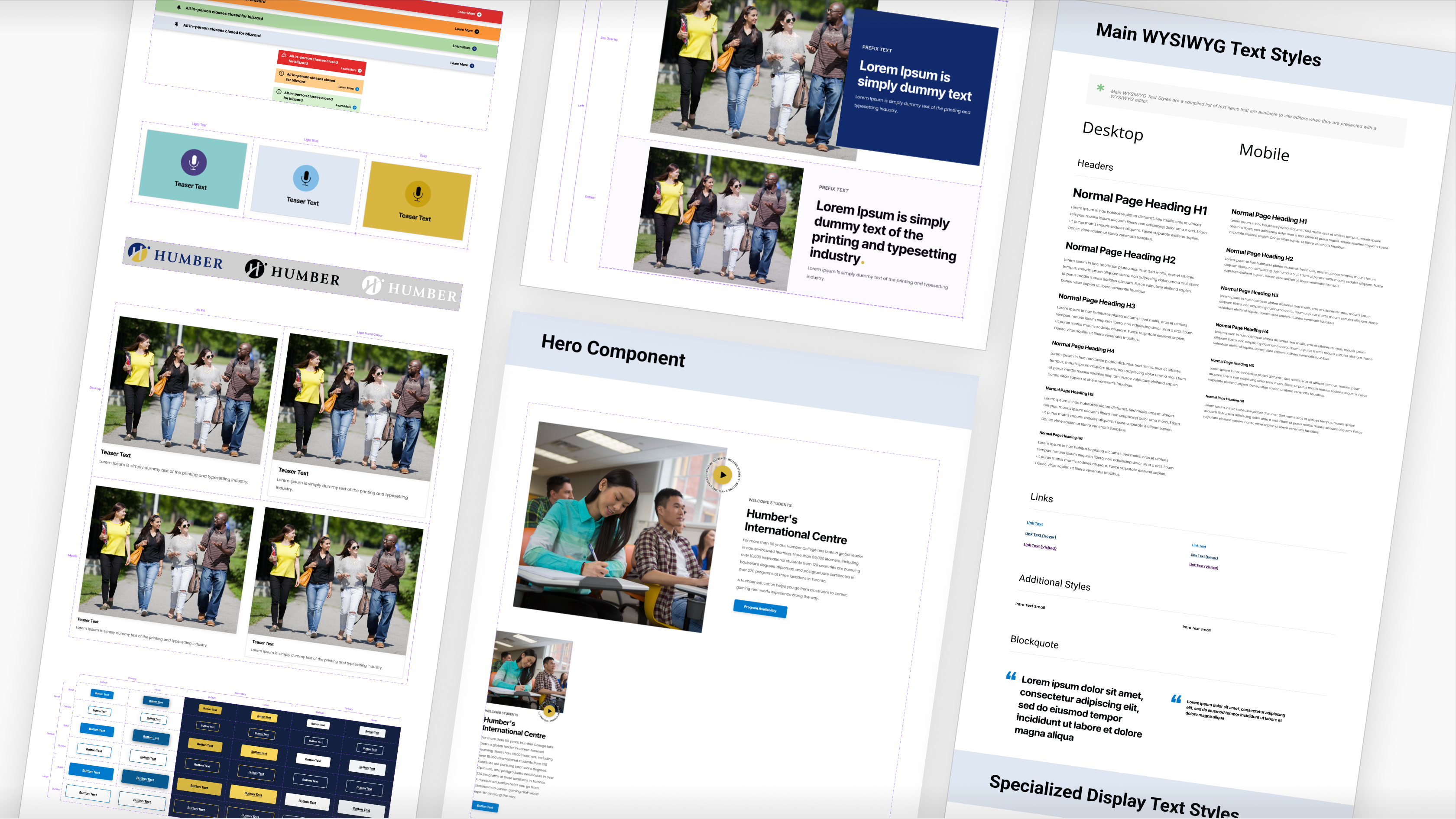 Humber College website pages shown at an angle