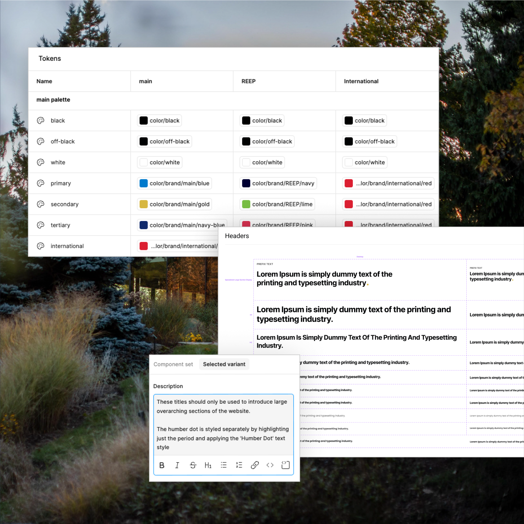 Humber College Figma design system screenshots shown at an angle
