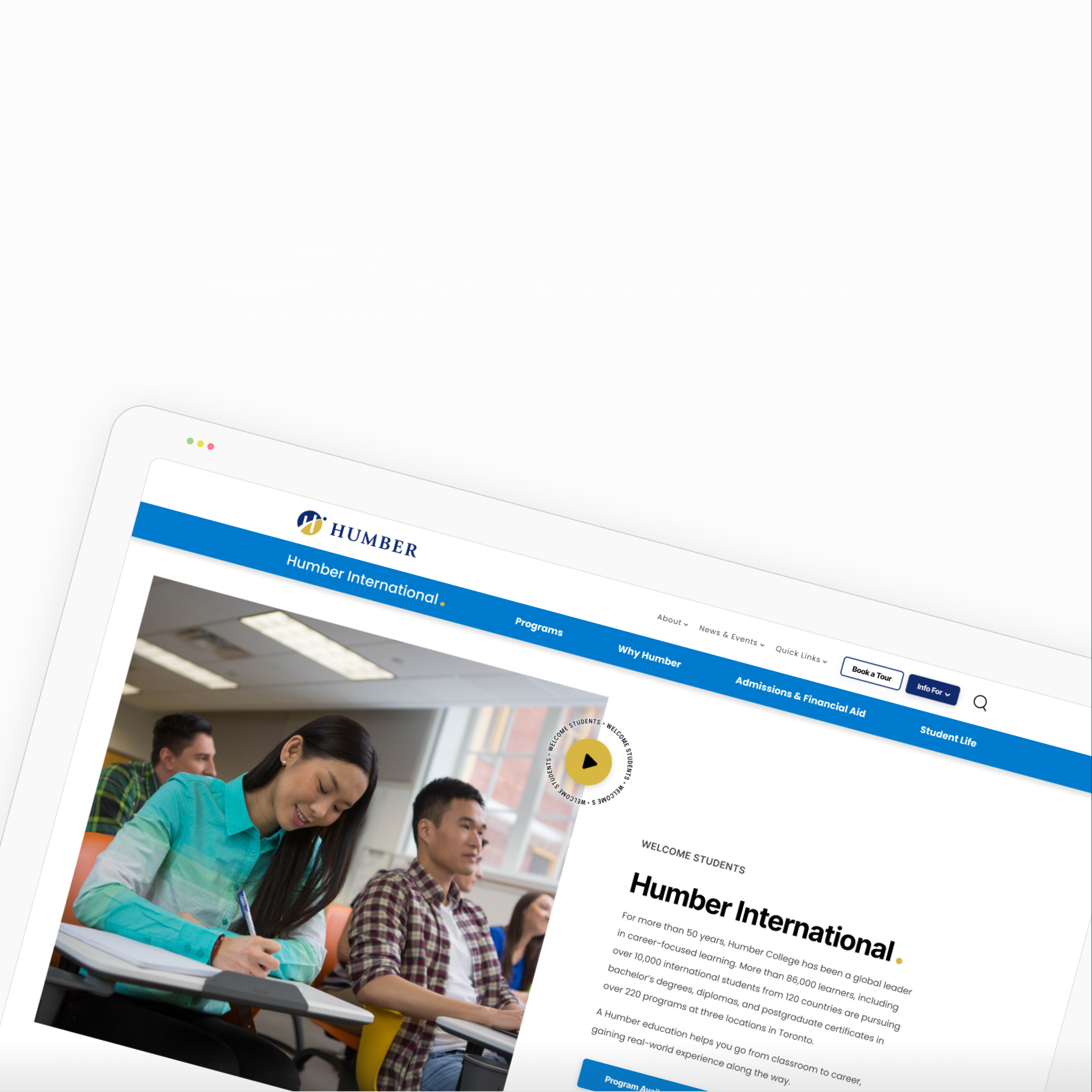 Humber College website shown in a tablet mockup