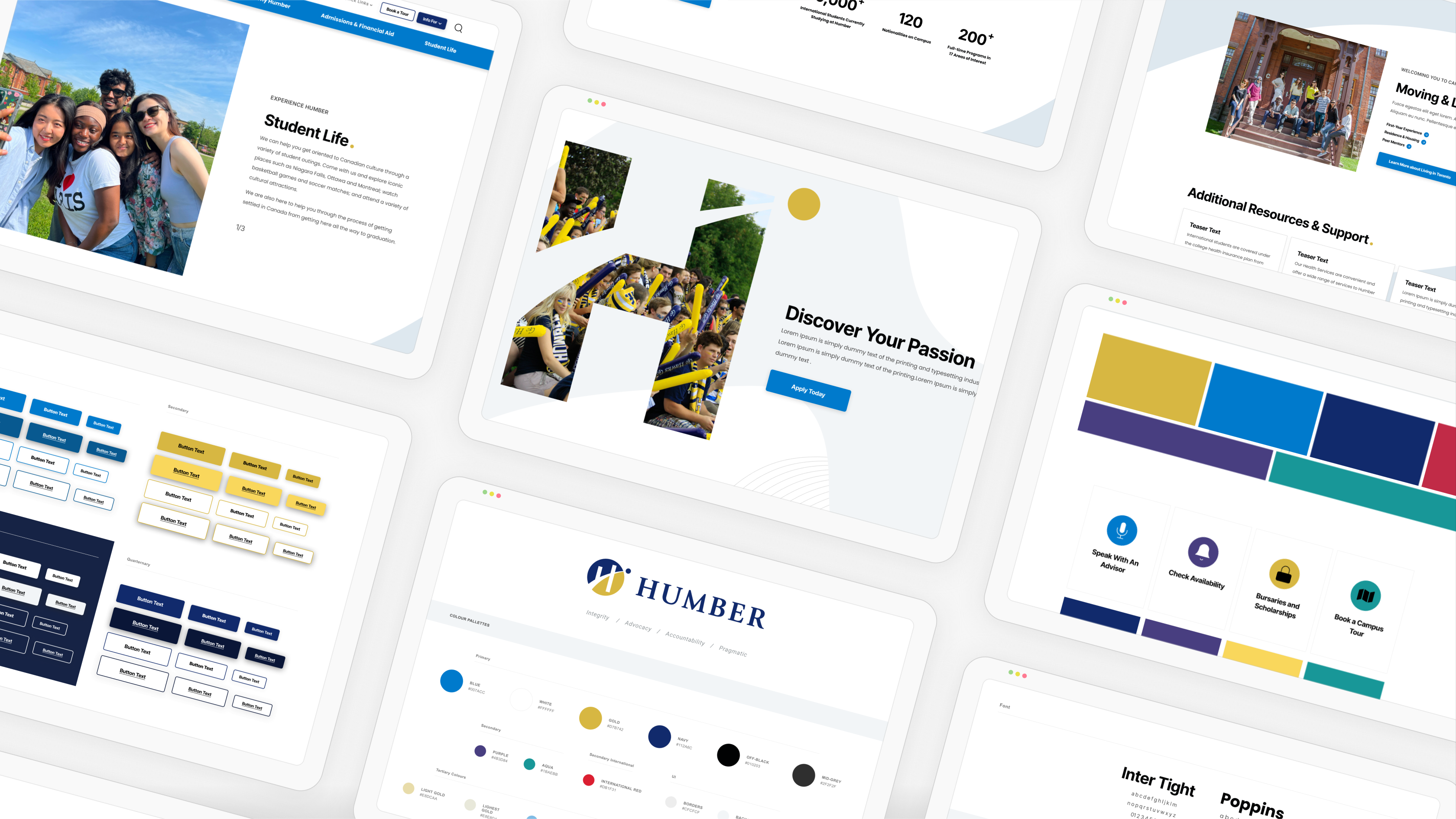 Humber College website shown on several angled tablets