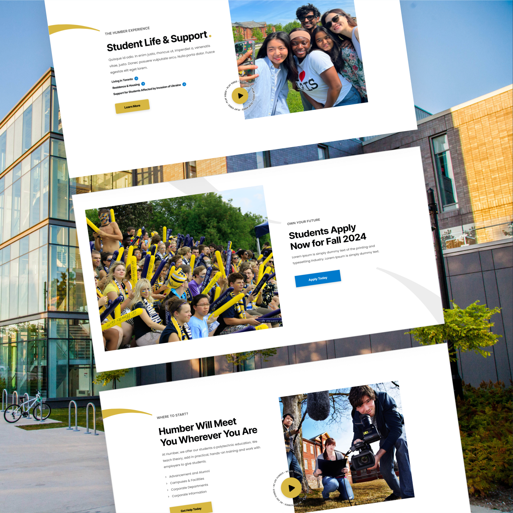 Humber College website pages showing the wave motif applied across the site