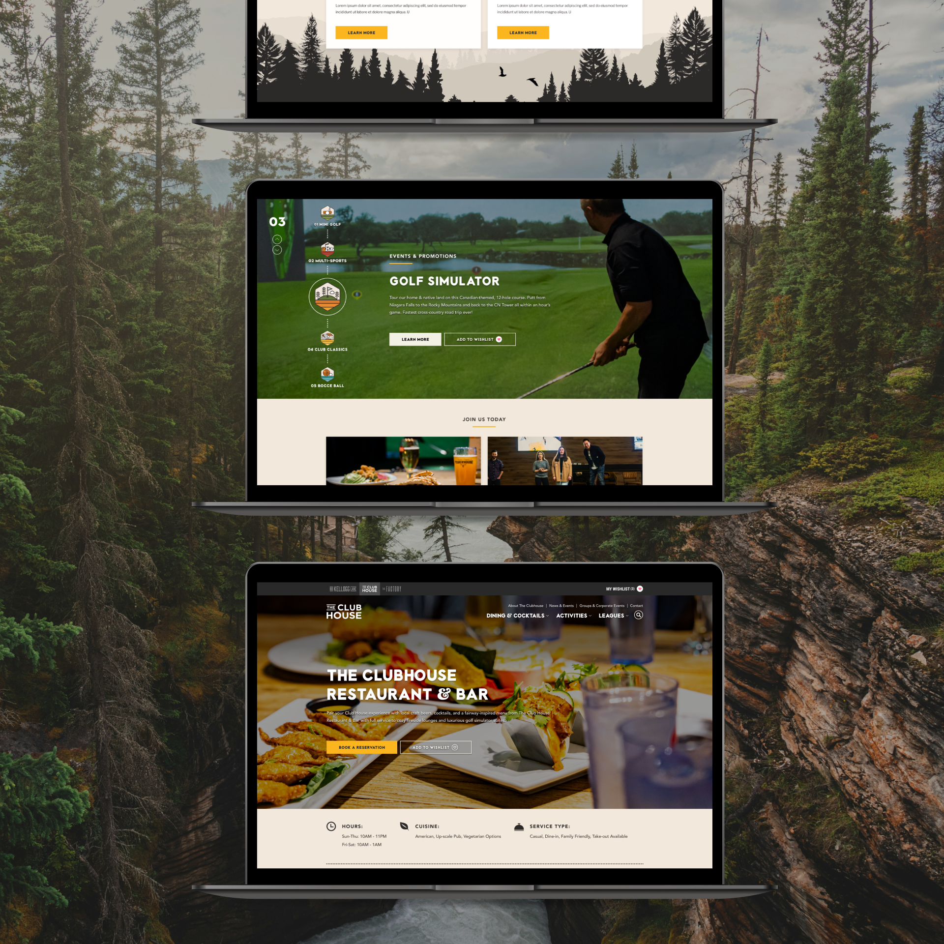 The Clubhouse website shown on three vertical laptops