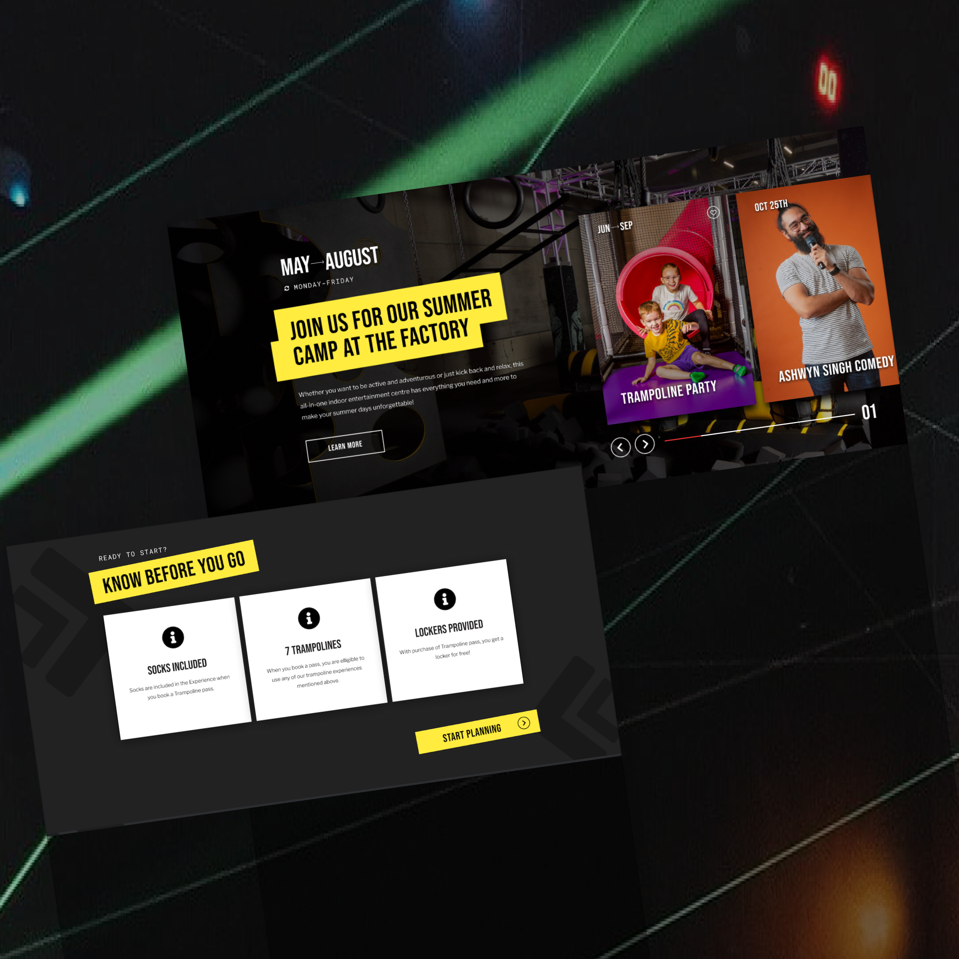 The Factory website pages shown at an angle with the neon motif applied