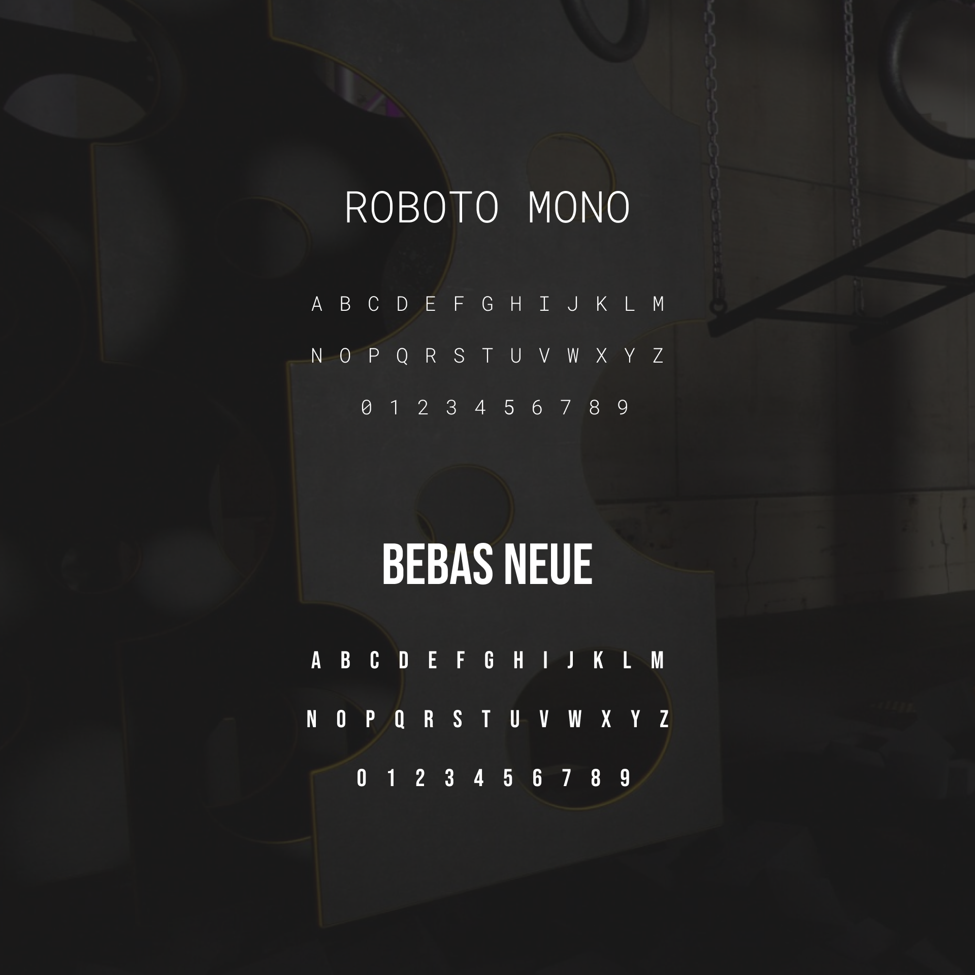 The Factory typography specimens: Roboto Mono and Bebas Neue