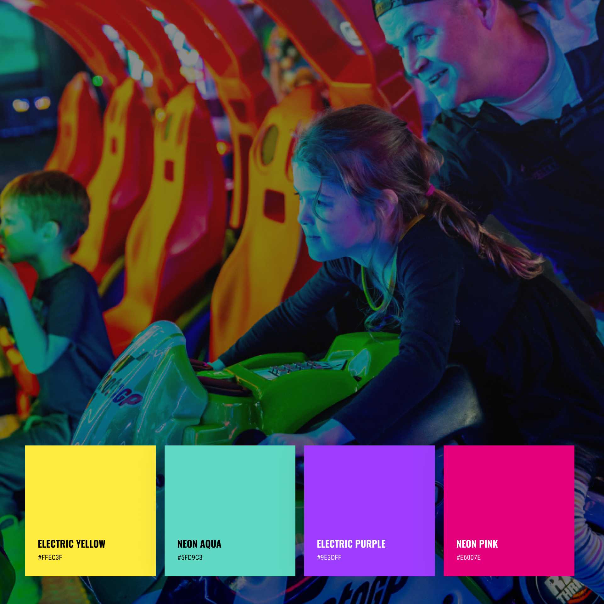 The Factory neon colour swatches: electric yellow, neon aqua, electric purple, and neon pink