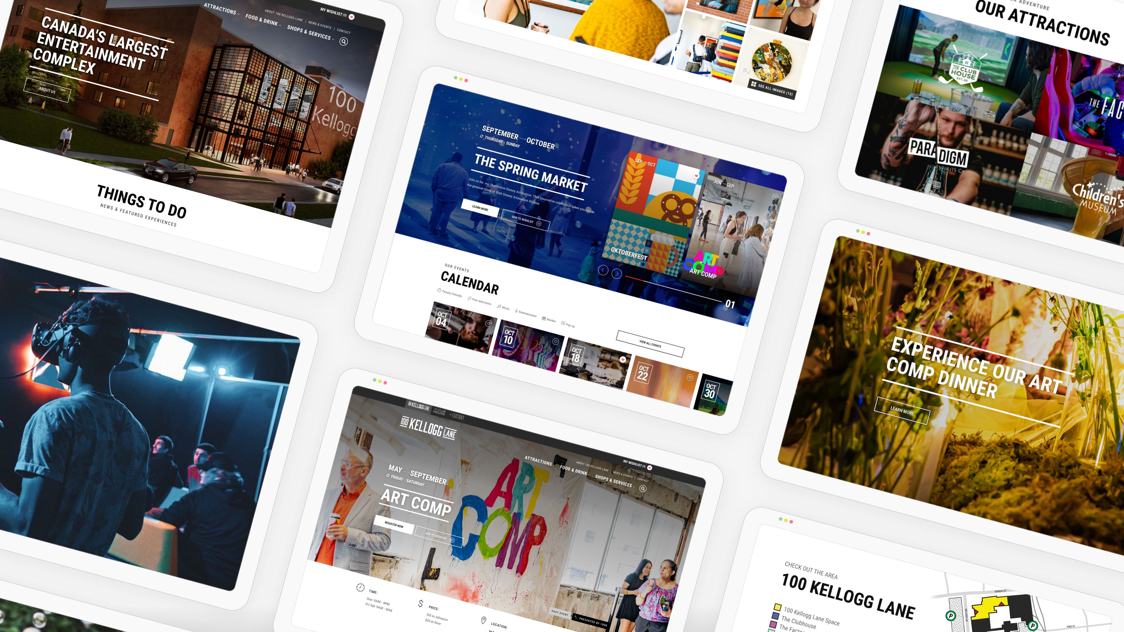 100 Kellogg Lane website shown on several angled tablets