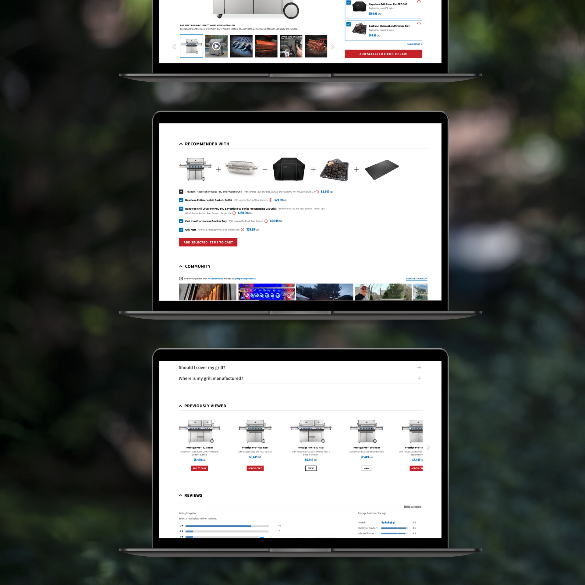 Napoleon up-sell sections shown on three vertical laptop screens