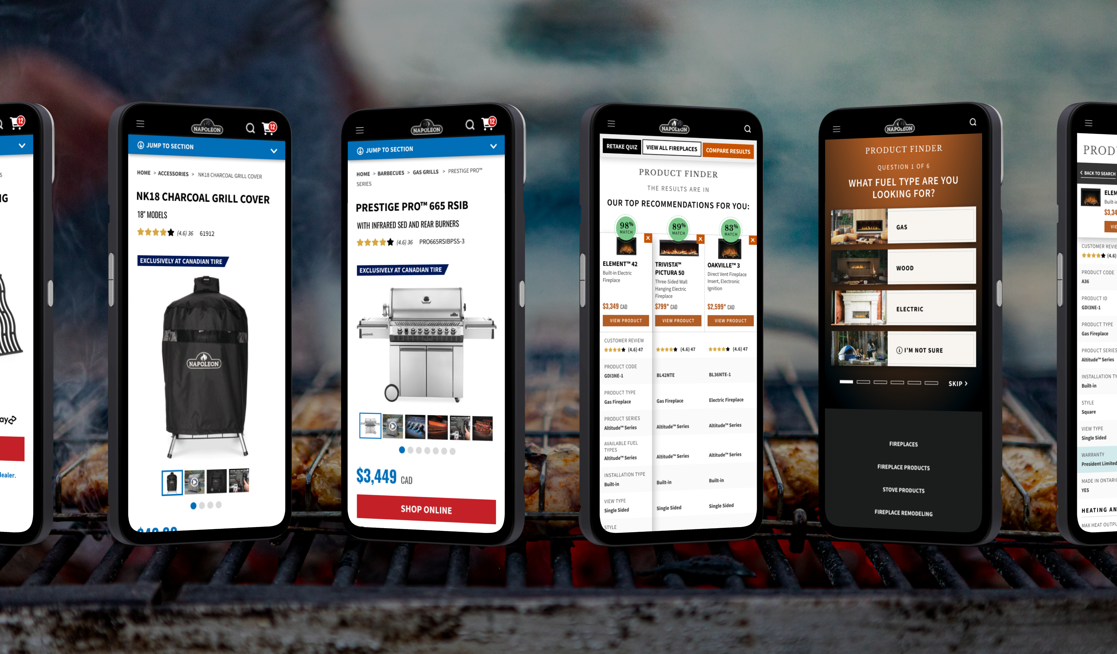 Napoleon's mobile product pages shown across a row of angled phones