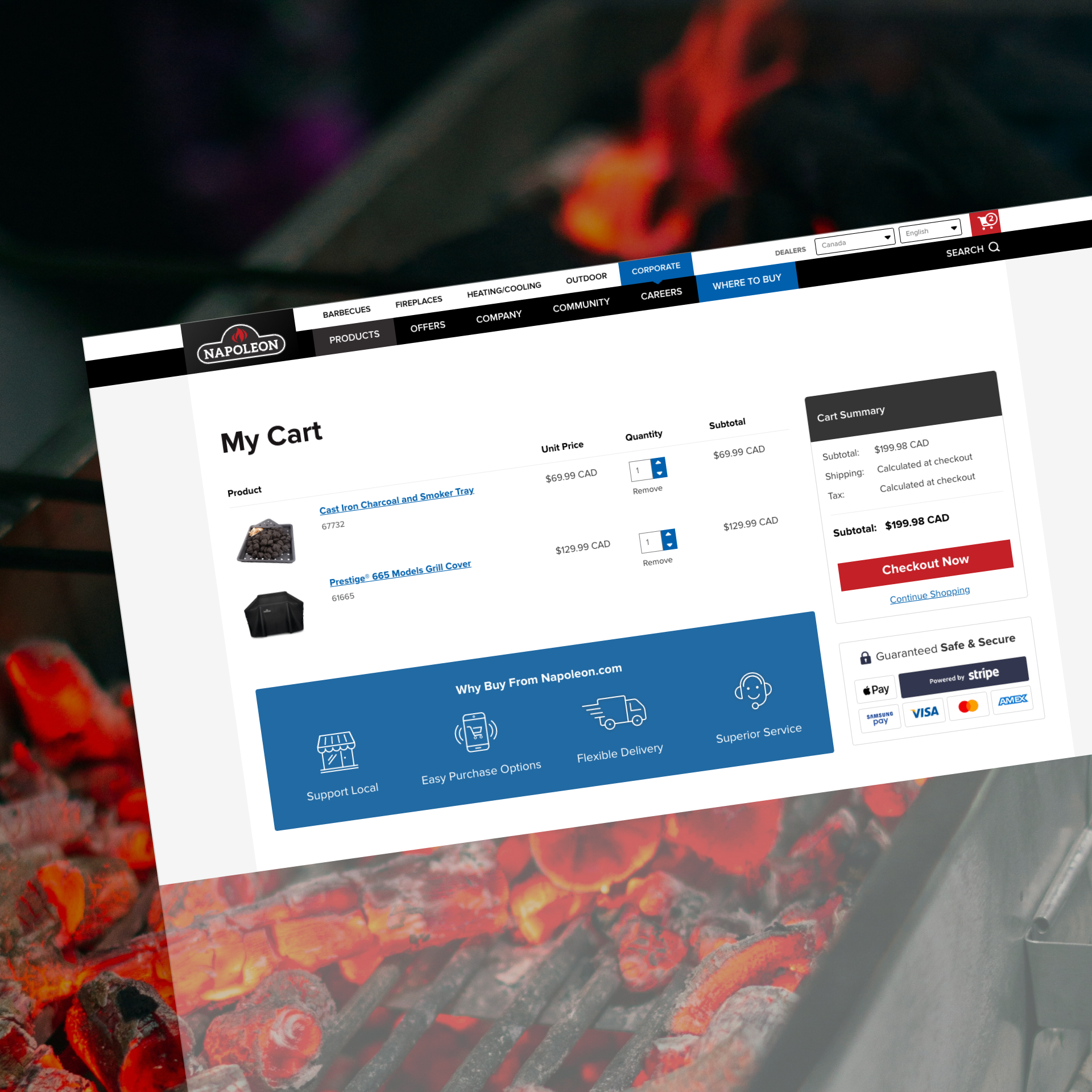 Napoleon cart and checkout flow shown at an angle