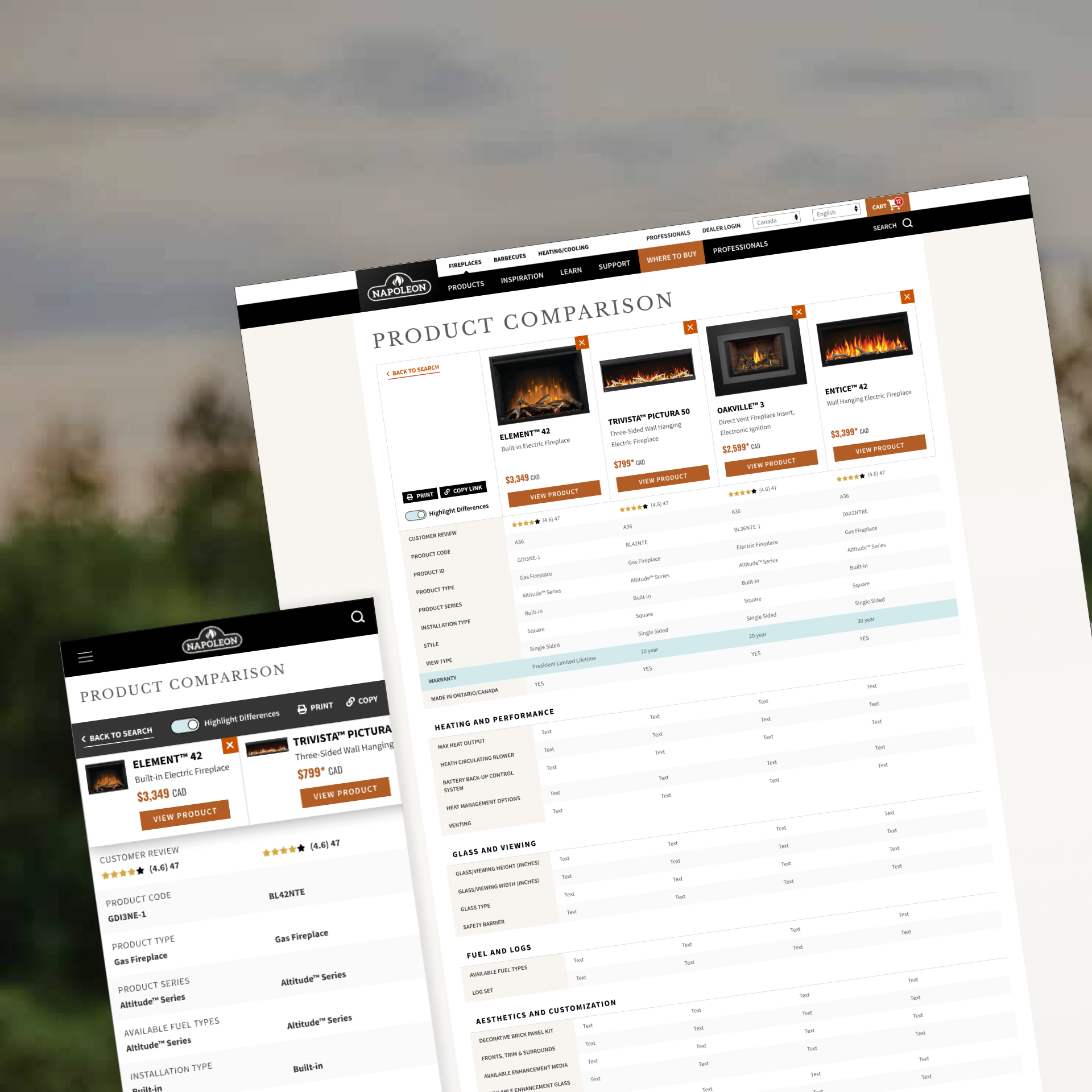 Napoleon product comparison tool shown at an angle