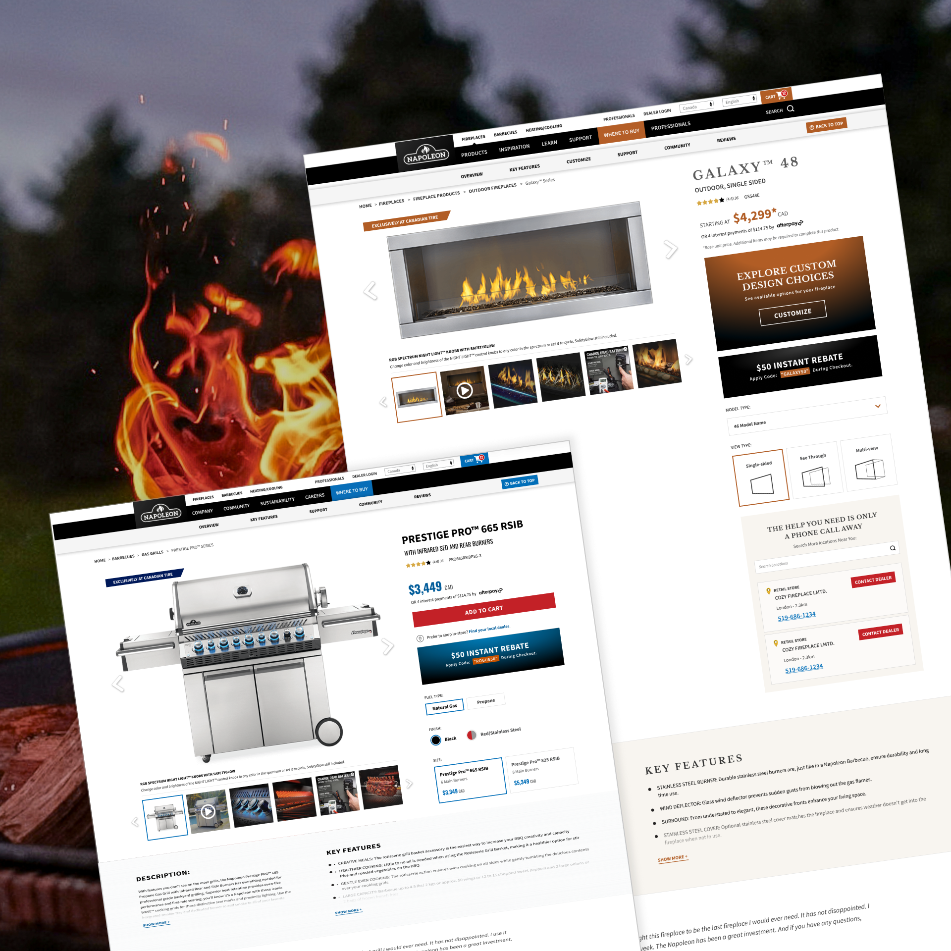 Napoleon Fireplaces division pages shown at an angle