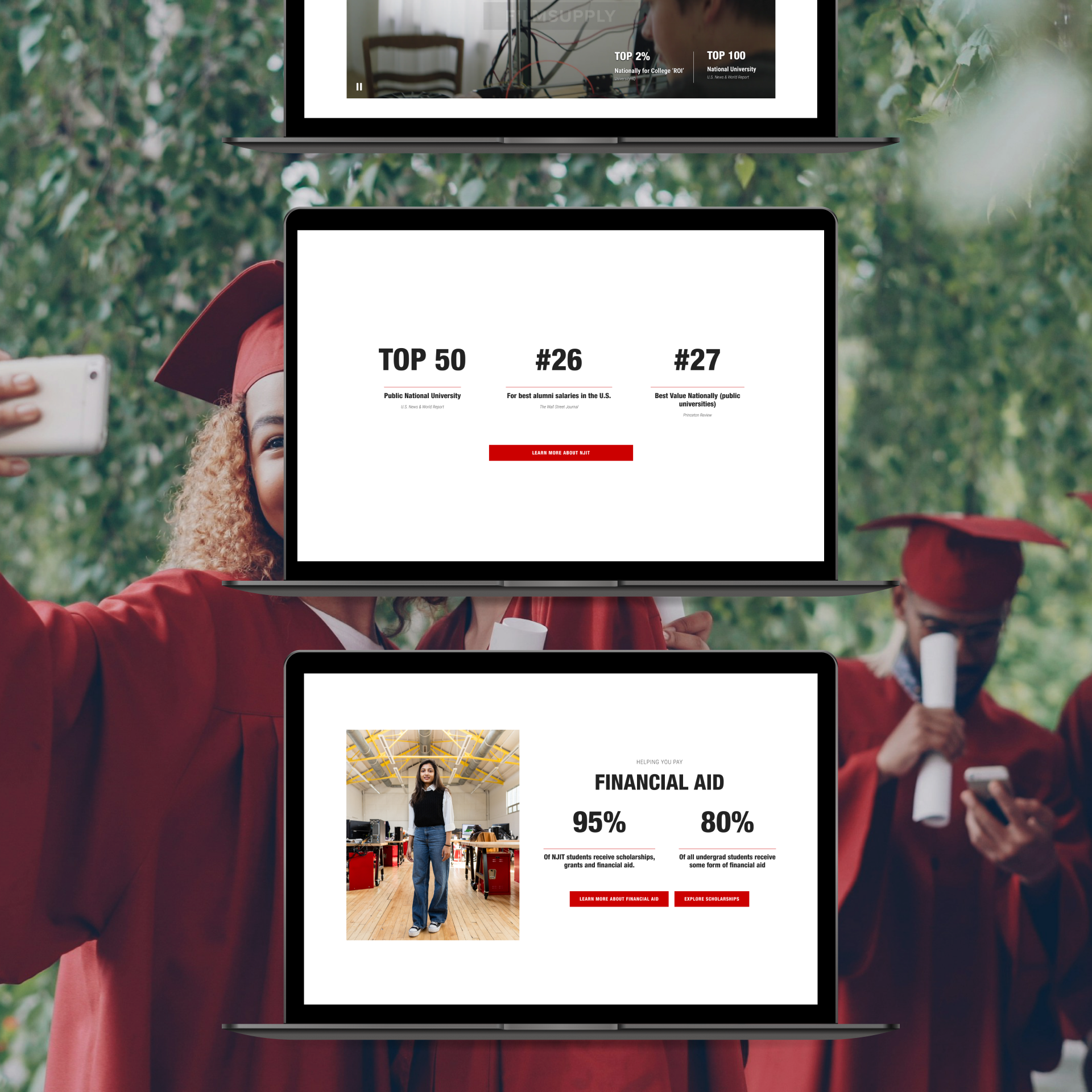 NJIT website shown on three vertical laptops