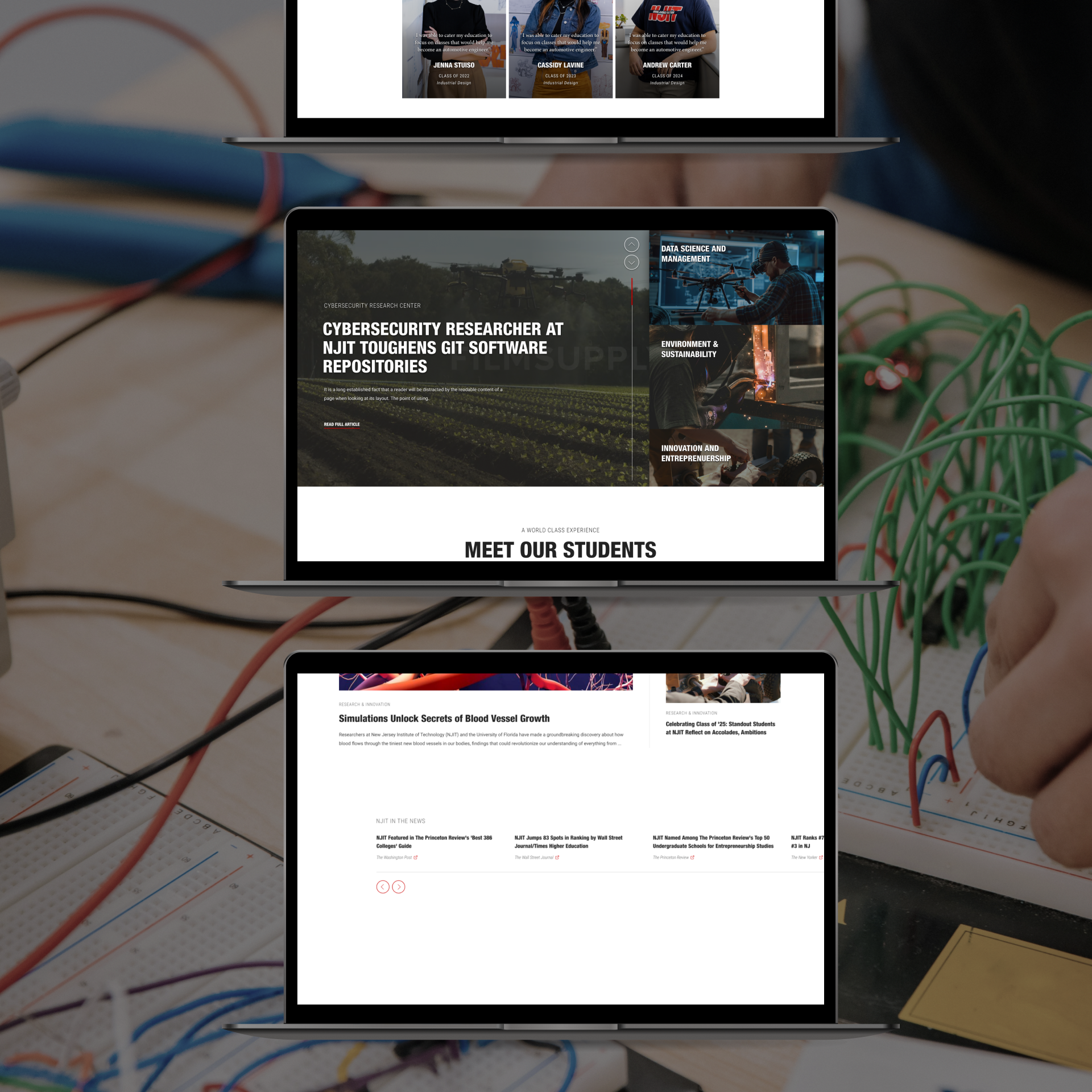 NJIT research pages shown on three vertical laptops