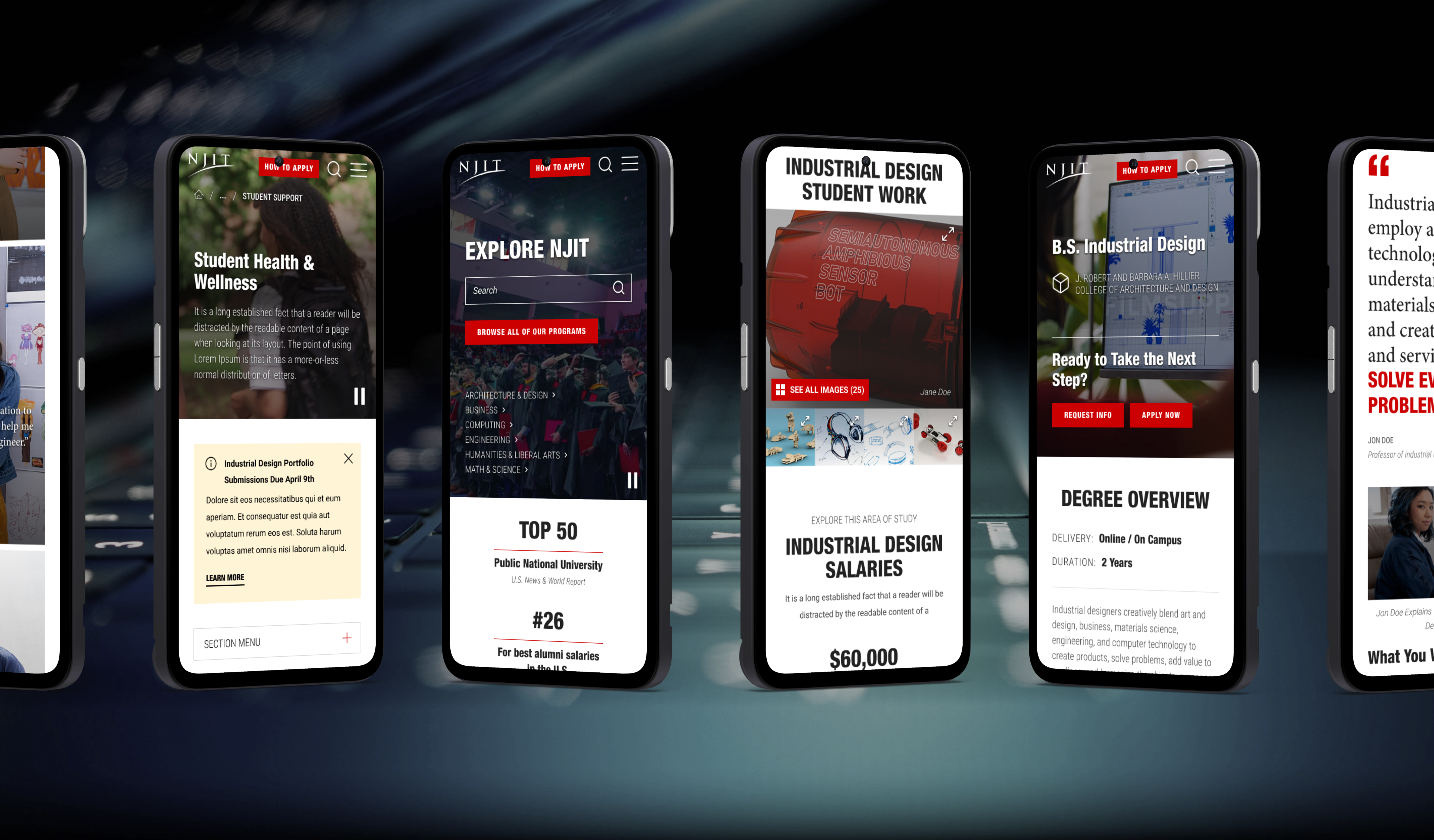 NJIT website shown on several angled iPhones