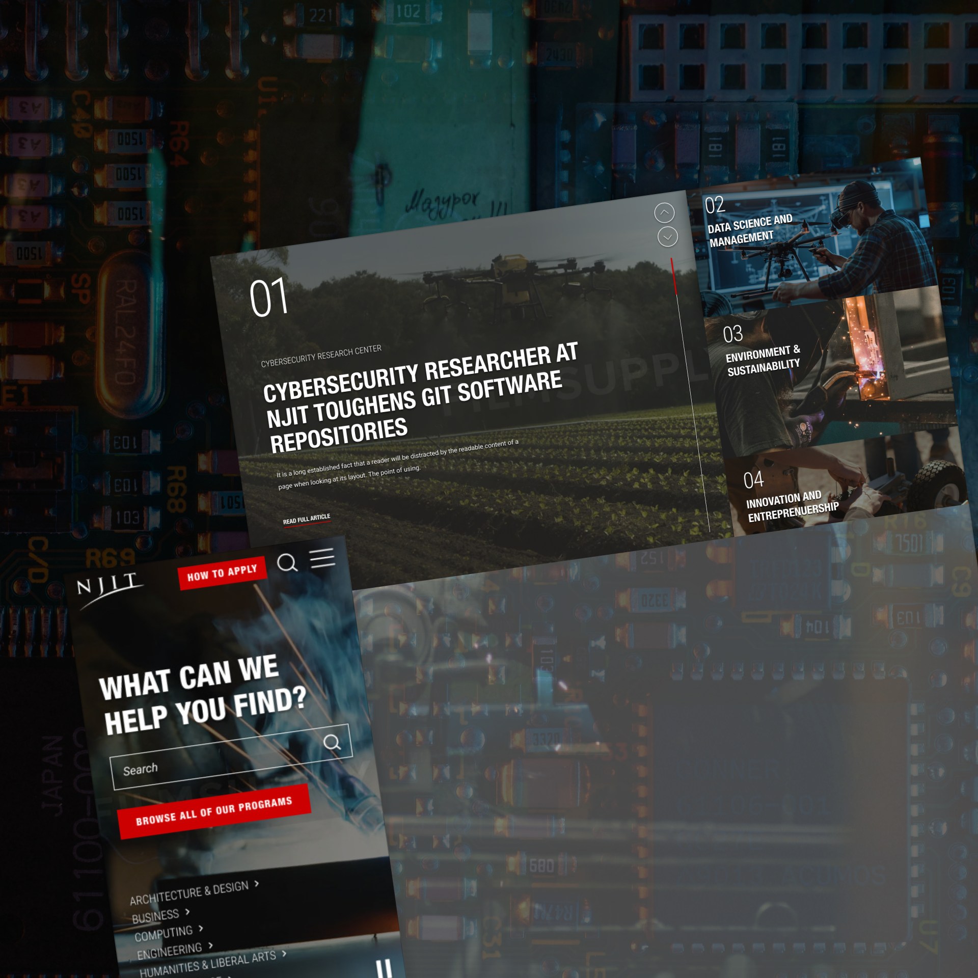 NJIT website pages shown at an angle with a gritty, editorial aesthetic